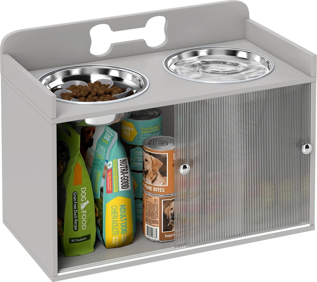 PawHut Stație de hrănire ridicată cu 2 boluri și dulap, MDF, oțel inoxidabil, model cu oase, Gri | Aosom Romania