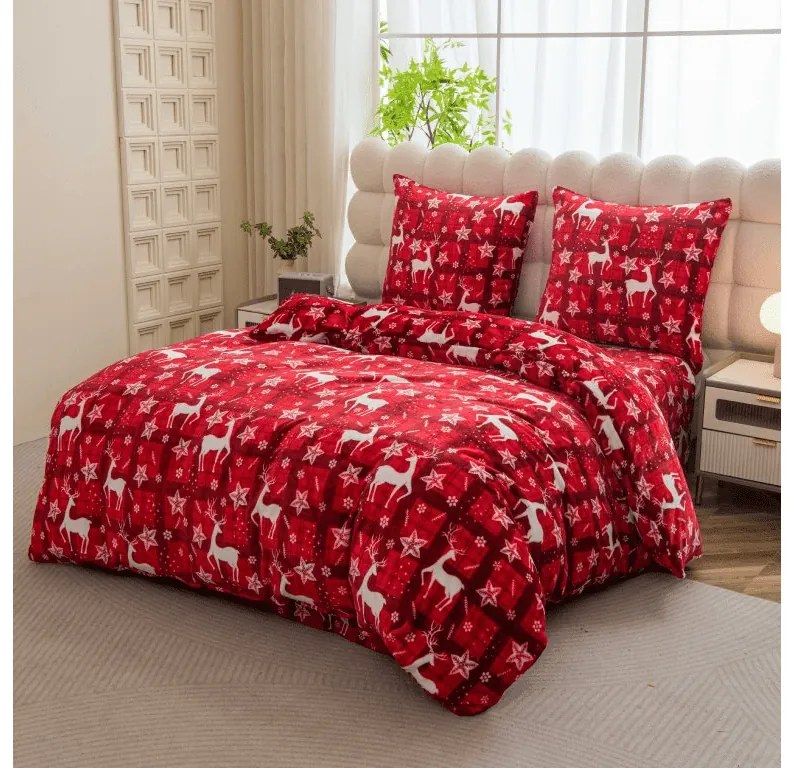 Set lenjerie cocolino VELVET CHRISTMAS rosu + cearsaf Cocolino microplus cu elastic SOFT 90x200 cm alb, pat single