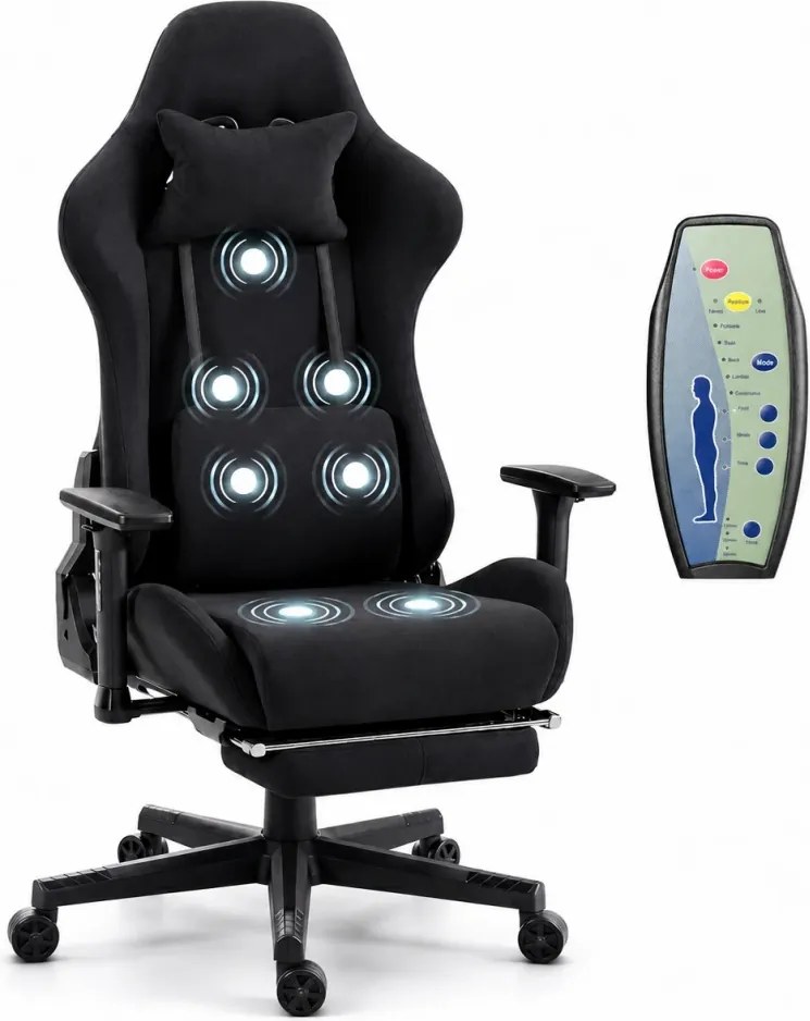 Scaun Gaming cu Masaj 7 Puncte și Încălzire, Telecomanda, Cotiere 3D, Reclinare 180°, Suport Picioare, Catifea, Negru