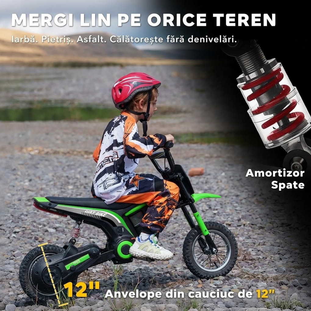 HOMCOM Motocicletă Electrică pentru Copii cu Accelerație Manuală, 2 Viteze, 8-16 km/h, Vârsta 8-12 Ani, Verde | Aosom Romania