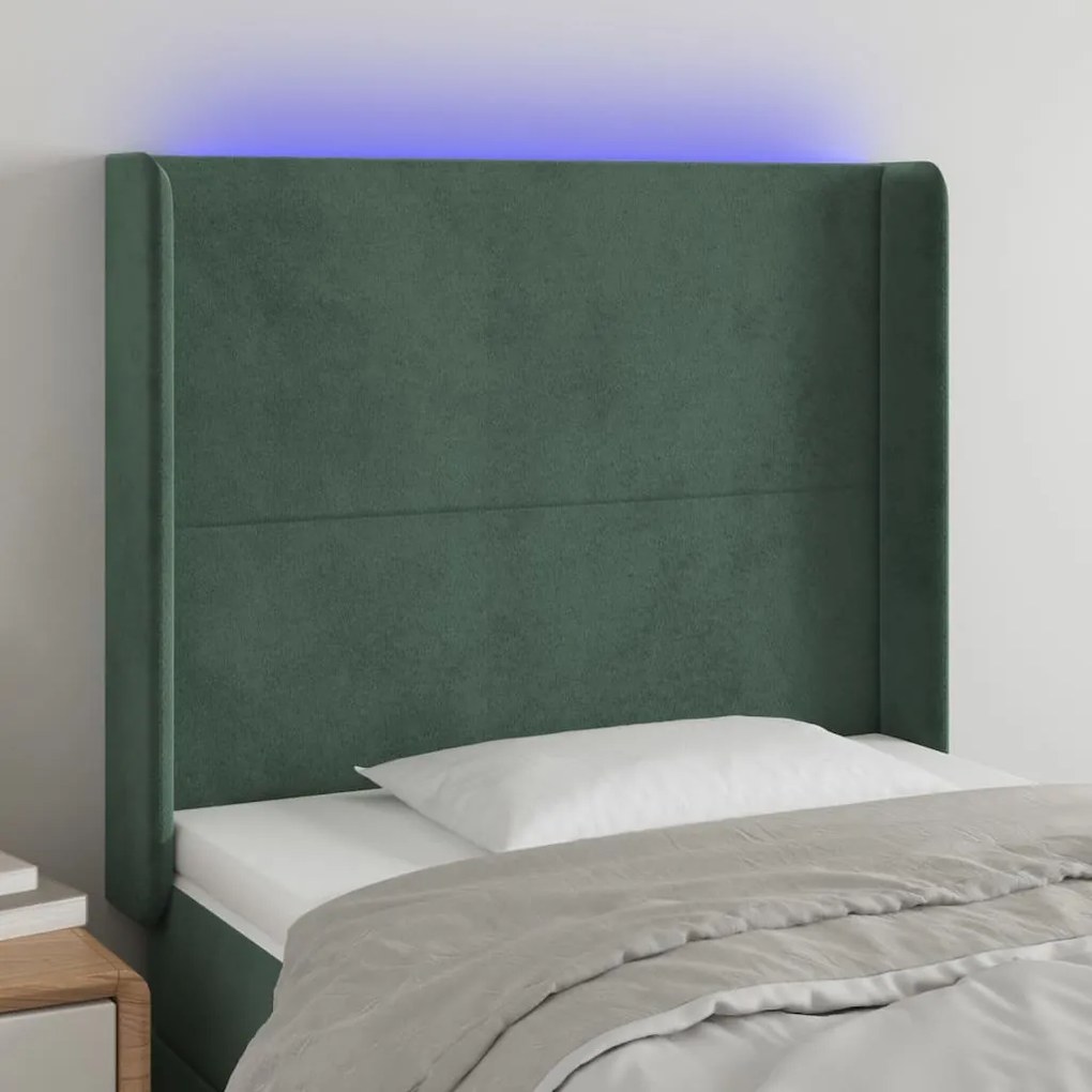 3123801 vidaXL Tăblie de pat cu LED, verde închis, 83x16x118/128 cm, catifea