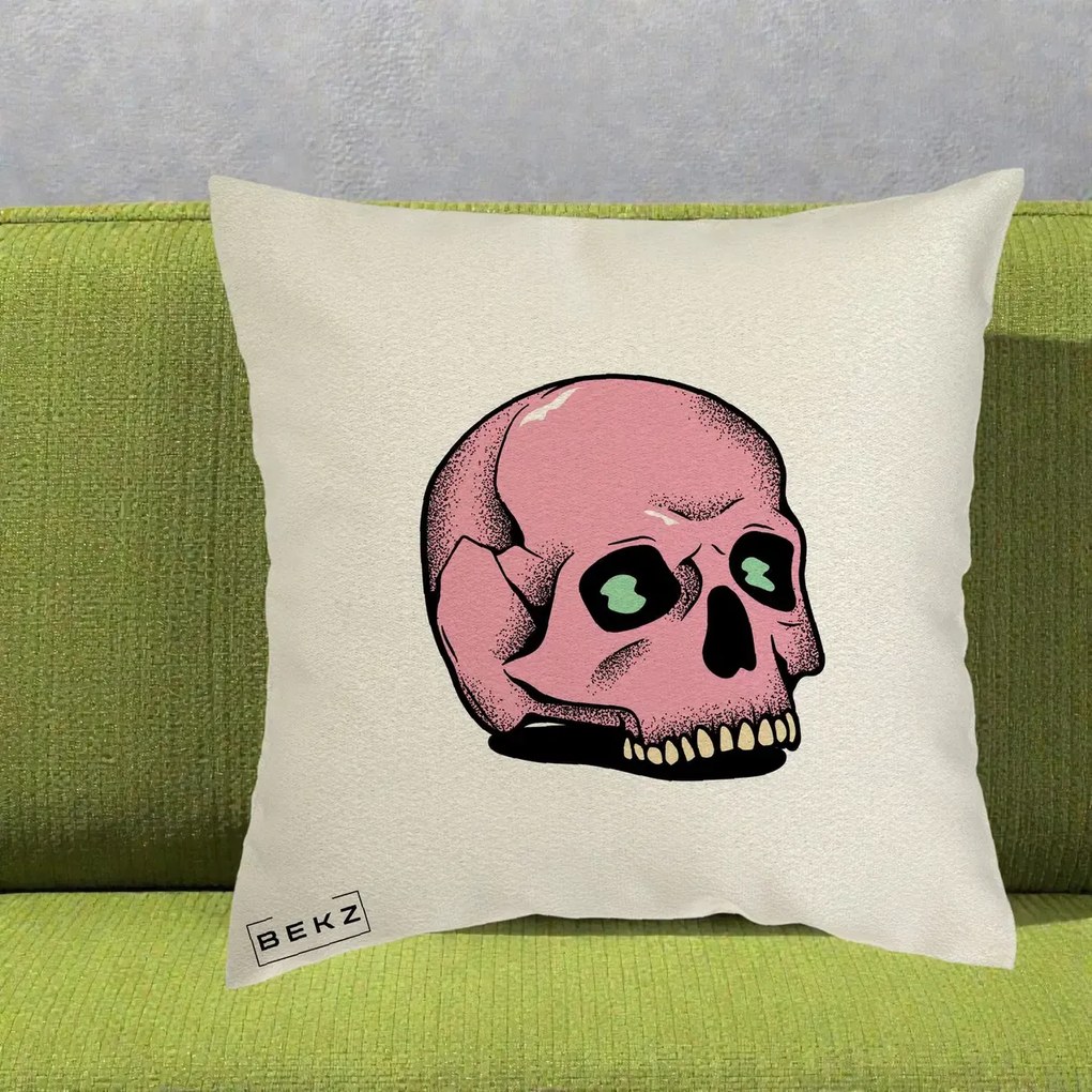 Perna Decorativa Craniu Roz Tatoo Art Halloween, 40x40 cm, Ecru, Husa Detasabila, Perna Inclusa, BEKZ®