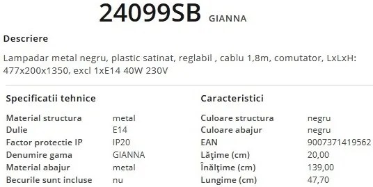 Lampadar, lampa de podea design modern GIANNA negru 24099SB GL