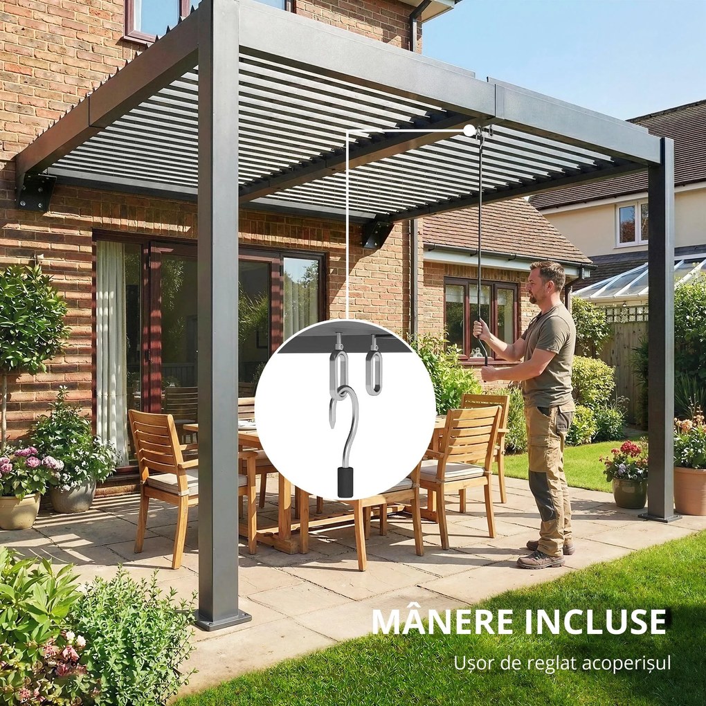 Outsunny Pergolă aprox. 3x3 m acoperiș terasă din aluminiu cu lamele reglabile, montare pe perete, gri închis | Aosom Romania