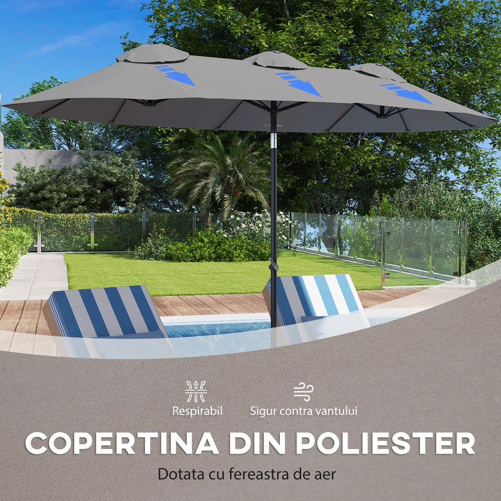 Outsunny Umbrelă de Grădină Dublă Înclinabilă la 45° cu Manivelă si 3 Orificii de Ventilație, 295x152x222 cm, Gri | Aosom Romania
