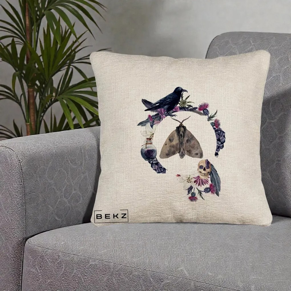 Perna Decorativa Gothic Wreath Corb Moliu Craniu, 40x40 cm, Bej Canapea, Husa Detasabila, Perna Inclusa, BEKZ®