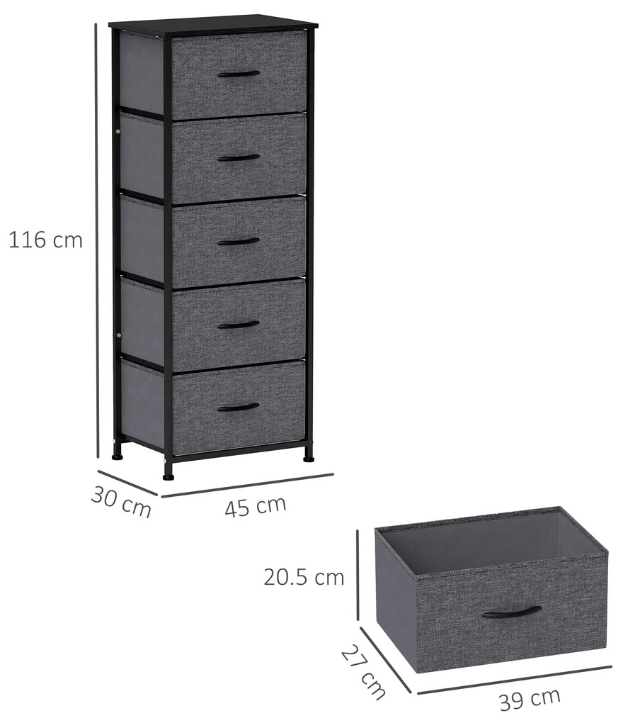 HOMCOM Comodă 5 sertare mobilier de depozitare sertar din material pliabil - structură din oțel negru - 45 x 30 x 116 cm gri închis | Aosom Romania