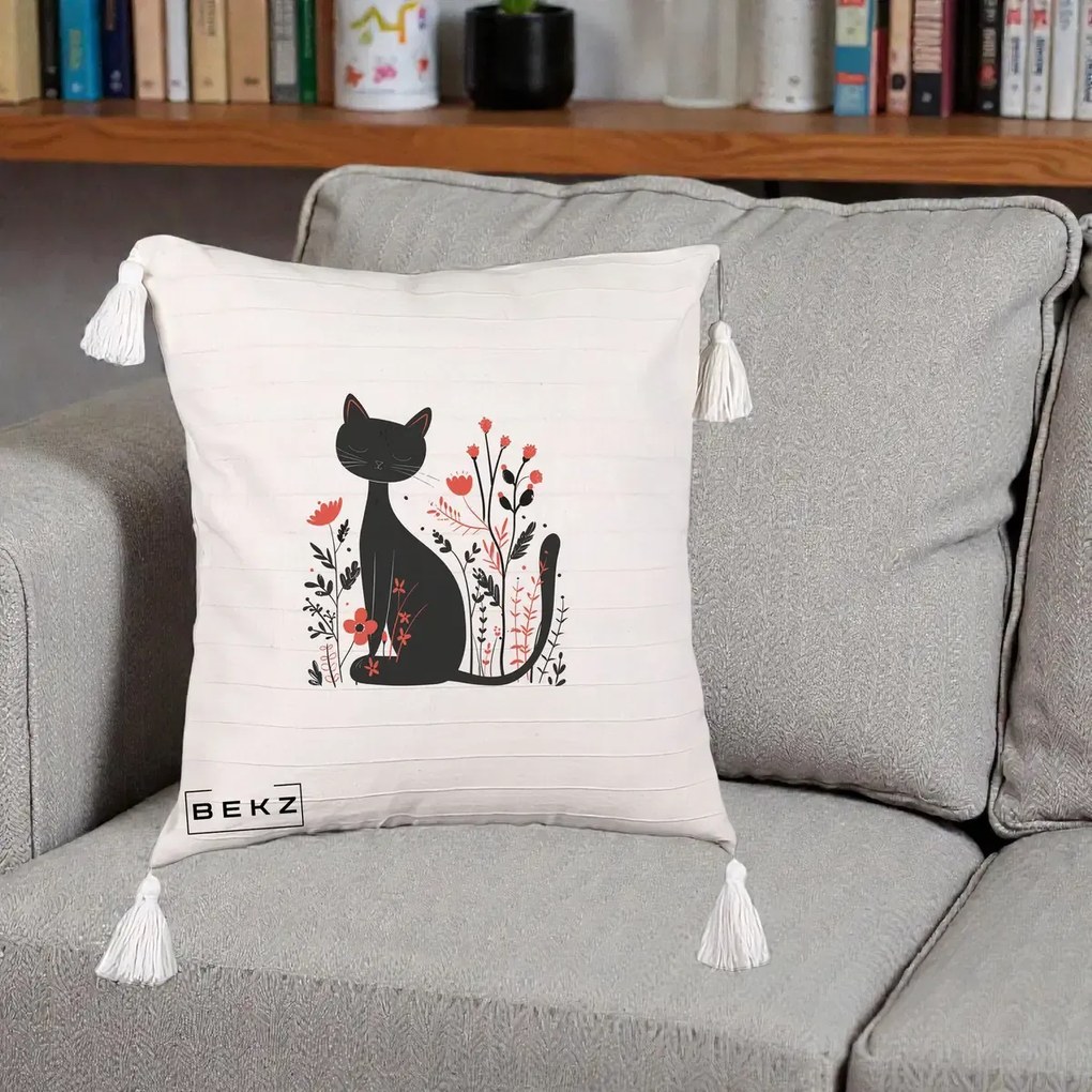 Perna Decorativa Pisica Neagra Flori Rosii Folk Minimal, 40x40 cm, Bej cu Franjuri, Husa Detasabila, Perna Inclusa, BEKZ®