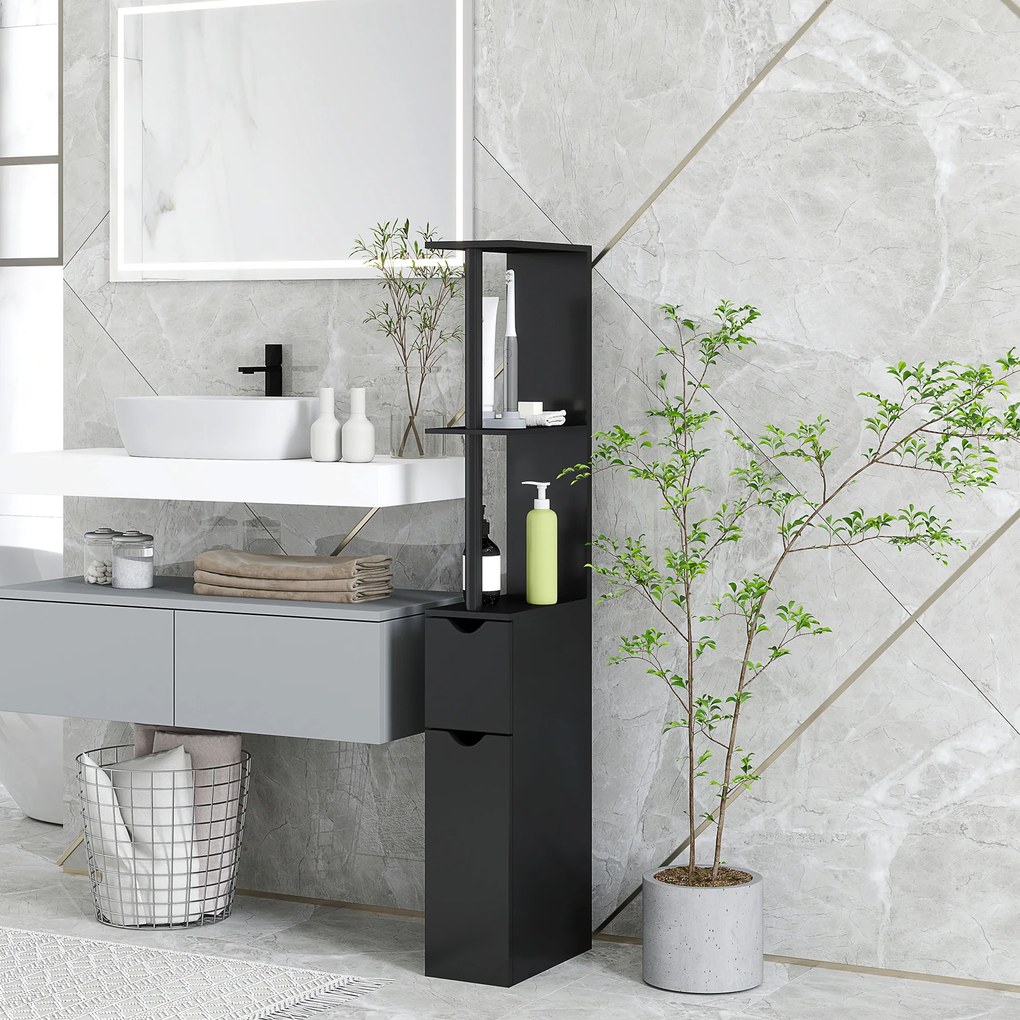 Kleankin Coloană de Baie cu 2 Rafturi și 2 Dulapuri, Mobilier Înalt de Baie Spațios din MDF, 15,2x29,8x118 cm, Negru | Aosom Romania