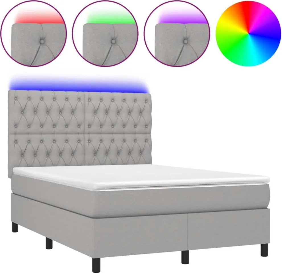 vidaXL Pat cu arcuri, saltea și LED, gri deschis, 140x190 cm, textil