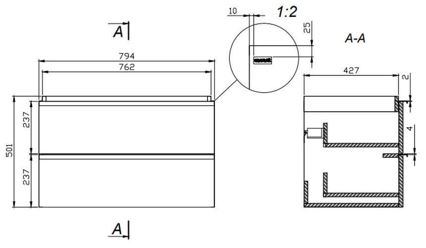 Dulap baie suspendat Cersanit Virgo 80 pentru lavoar incastrabil, stejar gri cu manere negre Stejar maner negru, 800 x 400 mm