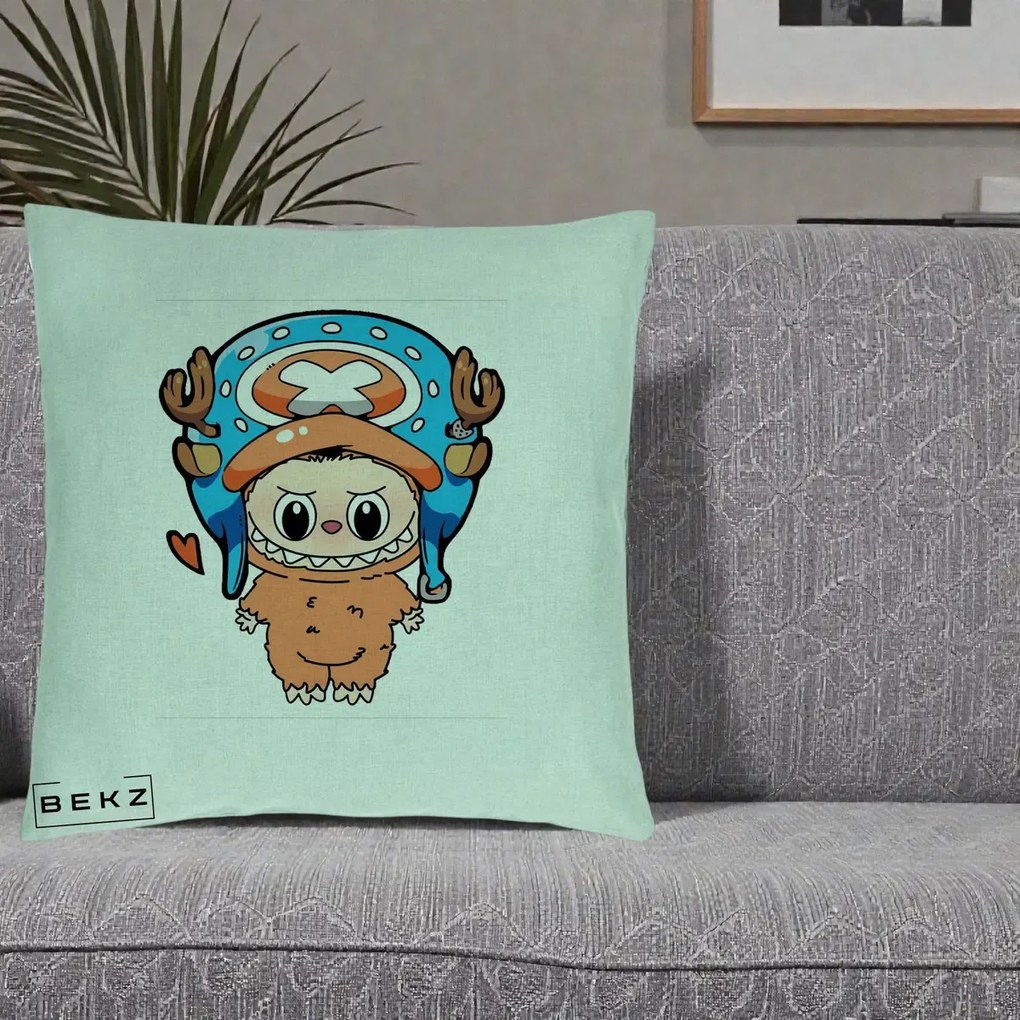 Perna Personalizata Labubu x Tony Tony Chopper, 40x40 cm, Verde Menta, Husa Detasabila, Perna Inclusa, BEKZ®