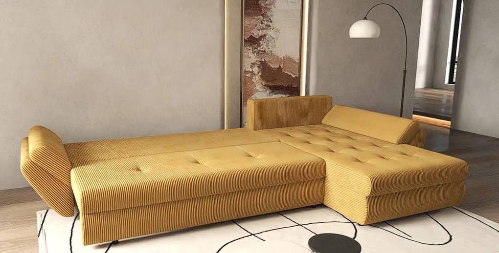 Colțar extensibil dumonde cu ladă de depozitare si sezut confortabil din spuma high-density, Loana XL Zoom Mustar 335x185 cm