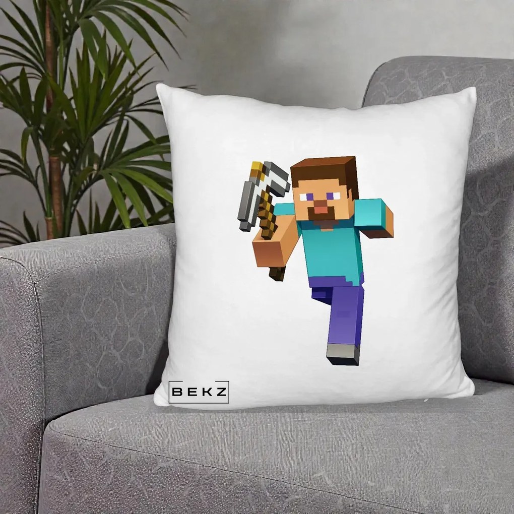 Perna Personalizata Minecraft Steve, 40x40 cm, Alb Pufos, Husa Detasabila, Perna Inclusa, BEKZ®