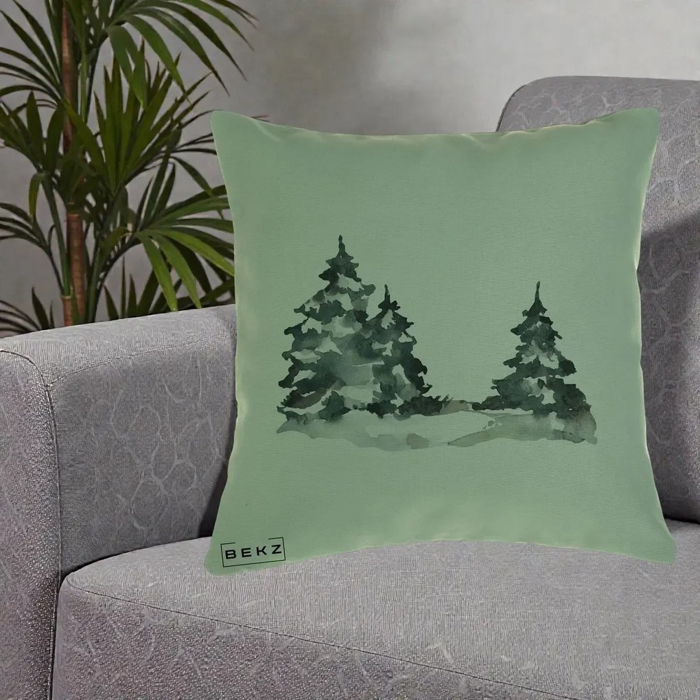 Perna Decorativa Brazi Inzapeziti Acuarela, 40x40 cm, Verde, Husa Detasabila, Perna Inclusa, BEKZ®
