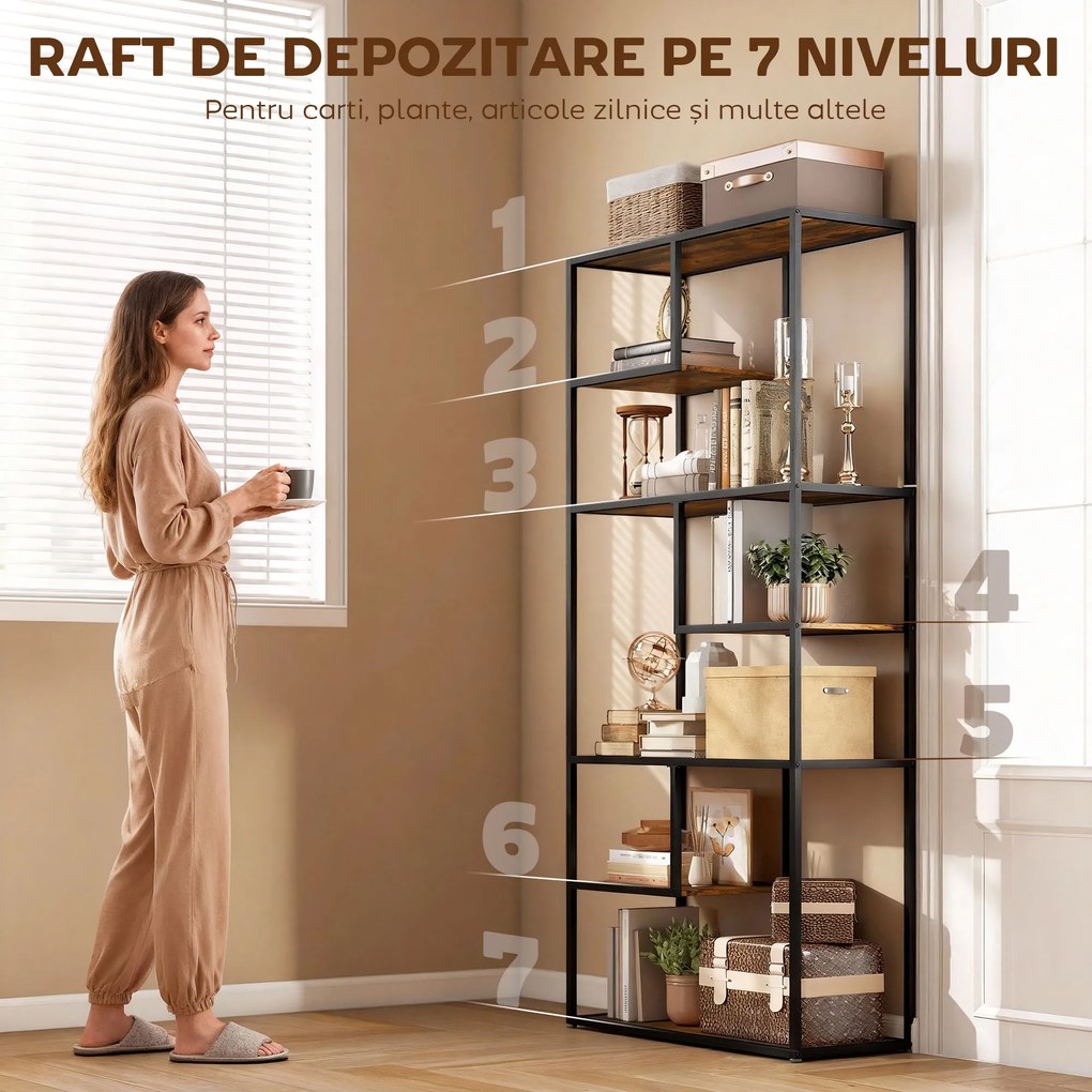 HOMCOM Bibliotecă Mobilă cu 7 Nivele din Lemn și Oțel în Stil Industrial, 83x34x180 cm, Maro | Aosom Romania