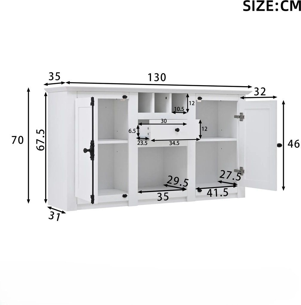 Bufet modern cu 2 uși, 1 sertar, spațiu semideschis de depozitare și 3 rafturi pentru vin, 130x35x70 cm, Alb