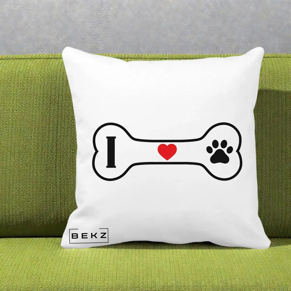 Perna Personalizata I Love Dog Os si Labuta, 40x40 cm, Alba Mata, Husa Detasabila, Perna Inclusa, BEKZ®