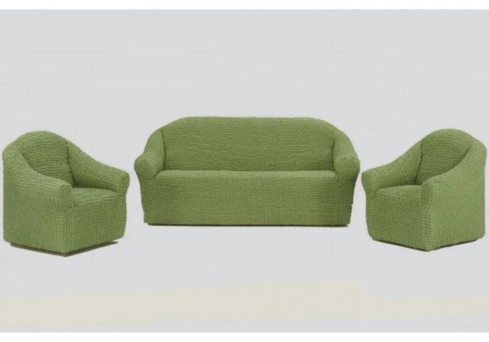 Huse elastice si creponate fara volan, canapea 3 persoane + 2 fotolii, verde