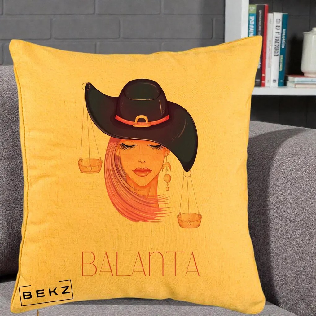 Perna Personalizata Zodiac Balanta Cowgirl, 40x40 cm, Galben, Husa Detasabila, Perna Inclusa, BEKZ®