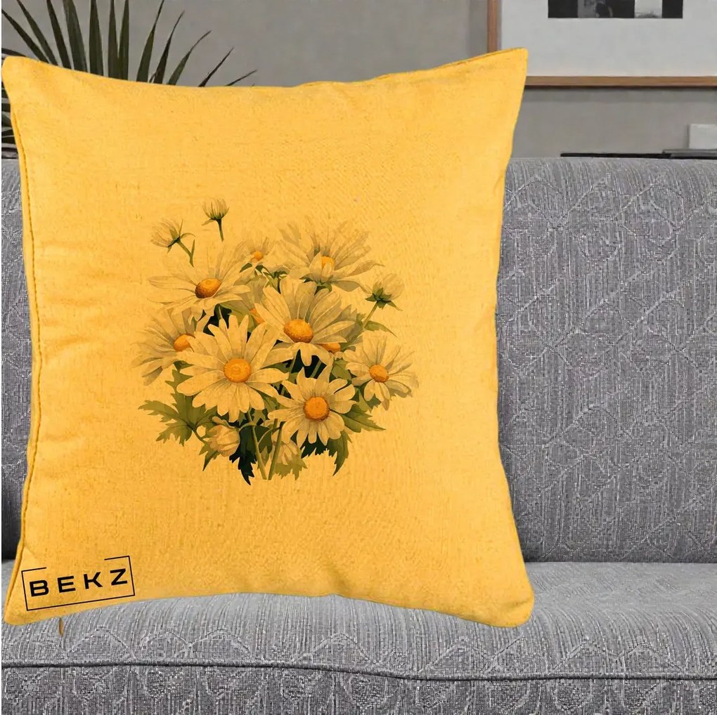 Perna Decorativa Buchet Margarete Albe Acuarela, 40x40 cm, Galben, Husa Detasabila, Perna Inclusa, BEKZ®