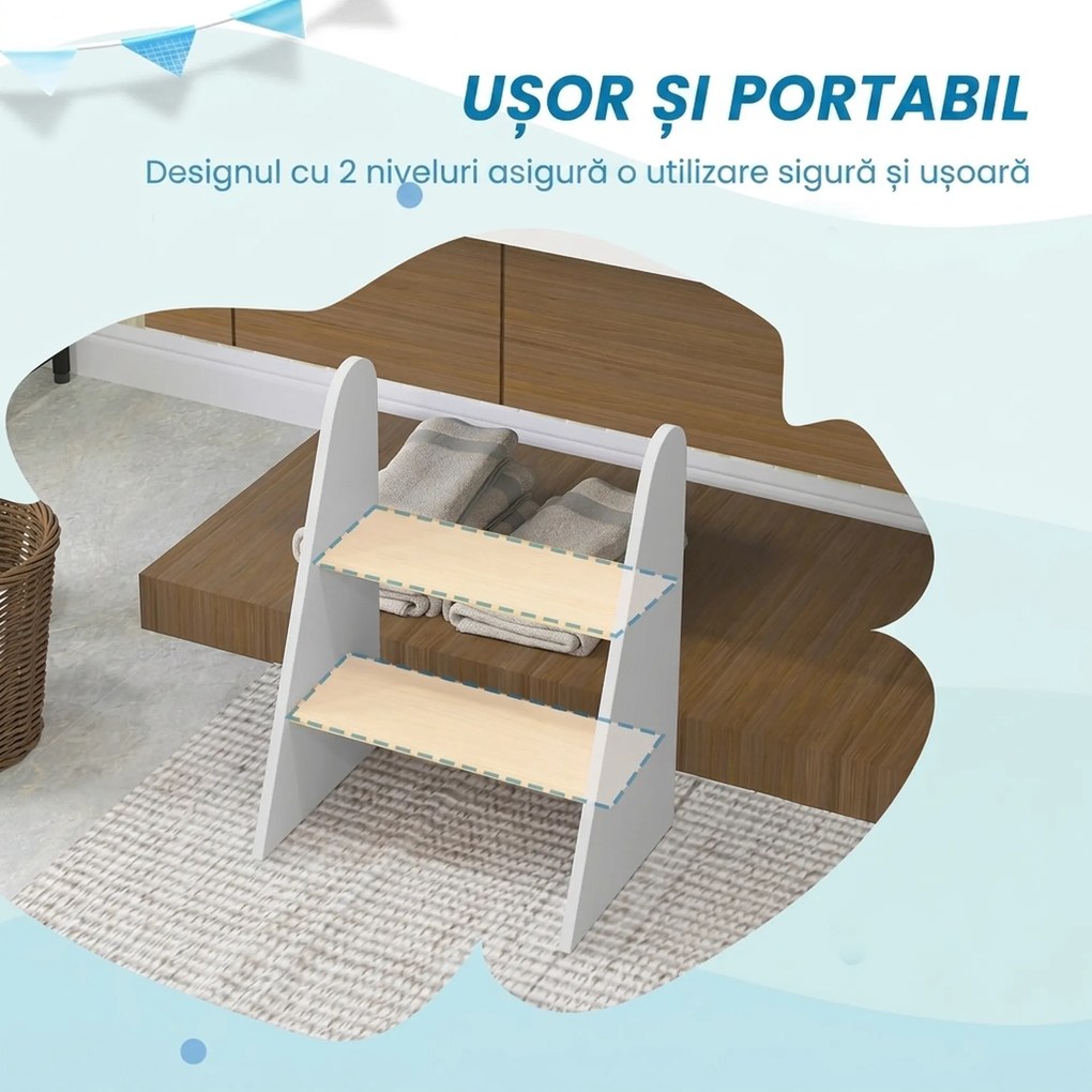 AIYAPLAY Taburet Montessori pentru Copii cu 2 Trepte, Scăunel pentru 3-8 Ani cu Margini Rotunjite, Alb | Aosom Romania