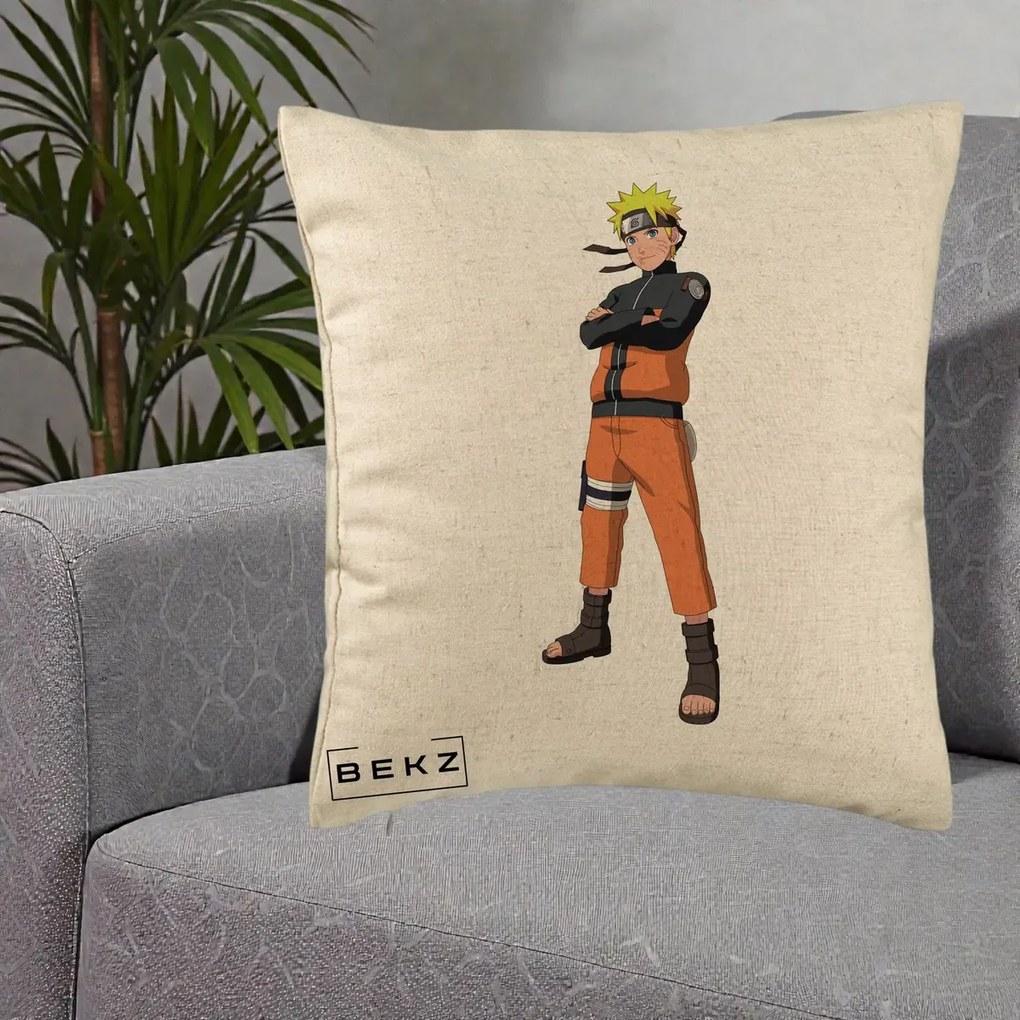 Perna Personalizata Naruto Uzumaki Portret Complet, 40x40 cm, Bej, Husa Detasabila, Perna Inclusa, BEKZ®