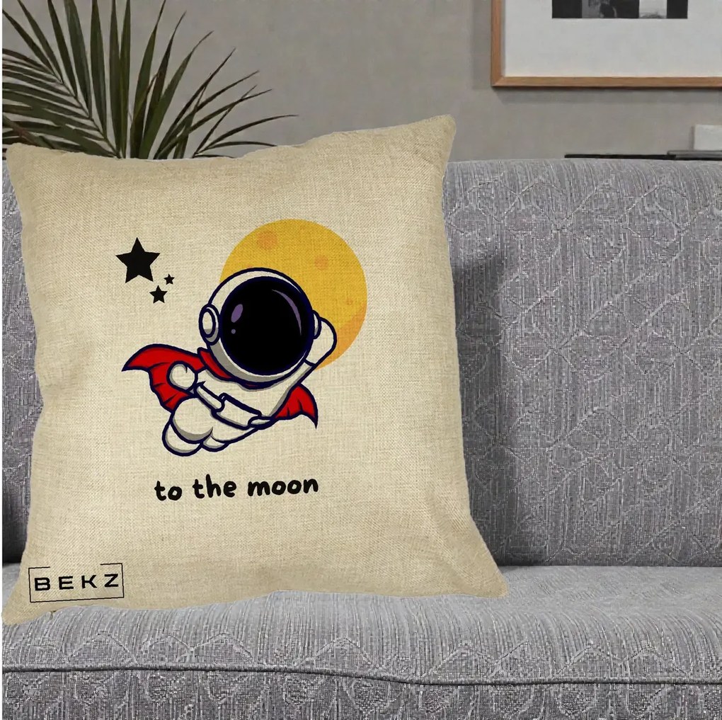 Perna Decorativa Astronaut To The Moon, 40x40 cm, Crem, Husa Detasabila, Perna Inclusa, BEKZ®