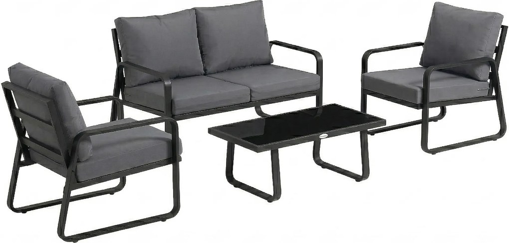 Outsunny Set mobilier de grădină 4 piese cu perne detașabile foarte groase 10 cm masă de cafea din sticlă securizată Negru | Aosom Romania
