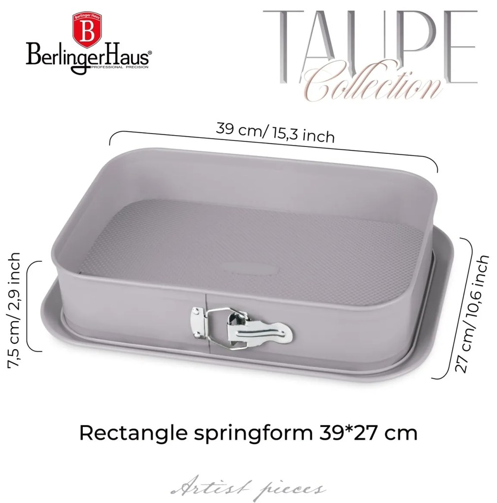 Tava dreptunghiulara 39x27 cm cu fund detasabil Taupe Berlinger Haus BH 7943, antiaderenta, gri