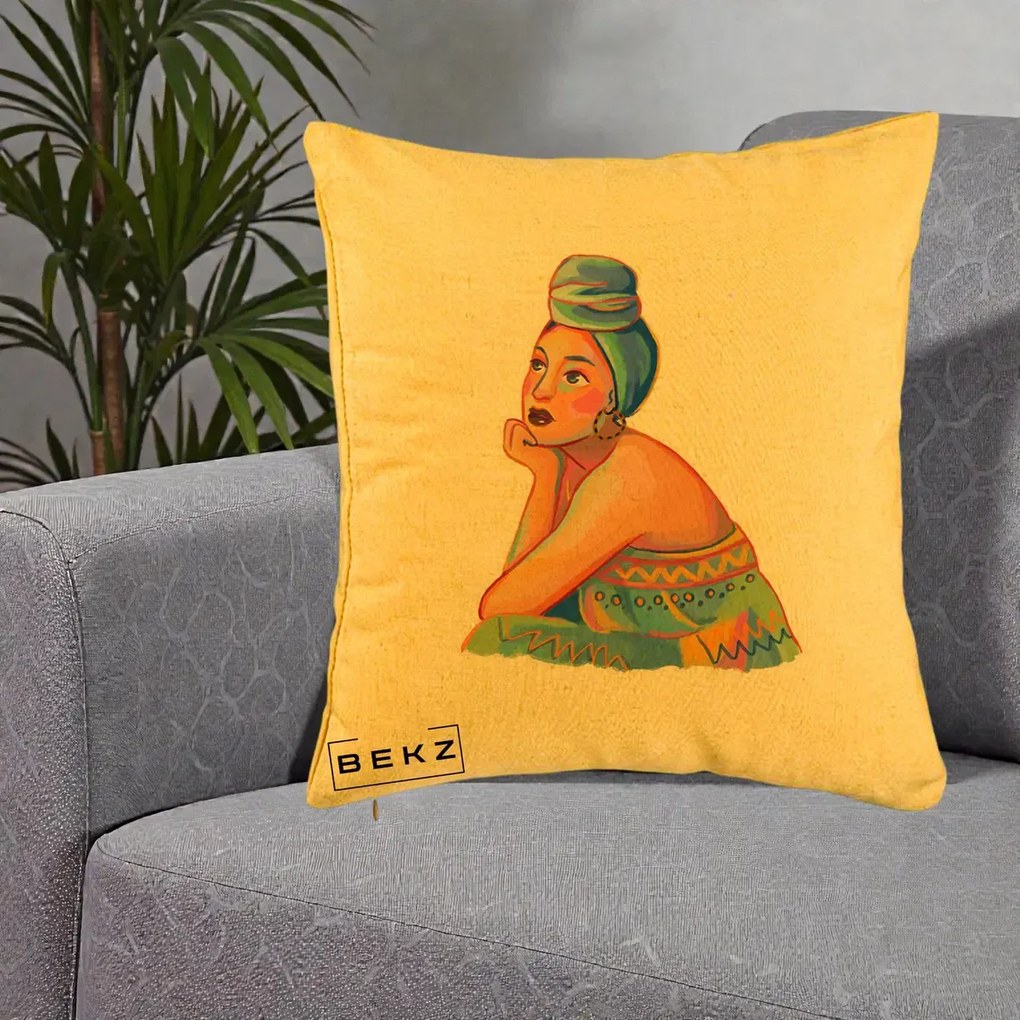 Perna Decorativa Portret Femeie Contemplativa, 40x40 cm, Galben, Husa Detasabila, Perna Inclusa, BEKZ®