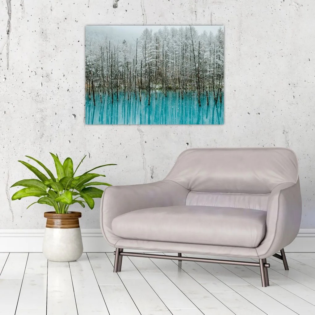 Tablou pe sticlă - Pescărie turcoaz, Biei, Japonia (70x50 cm)
