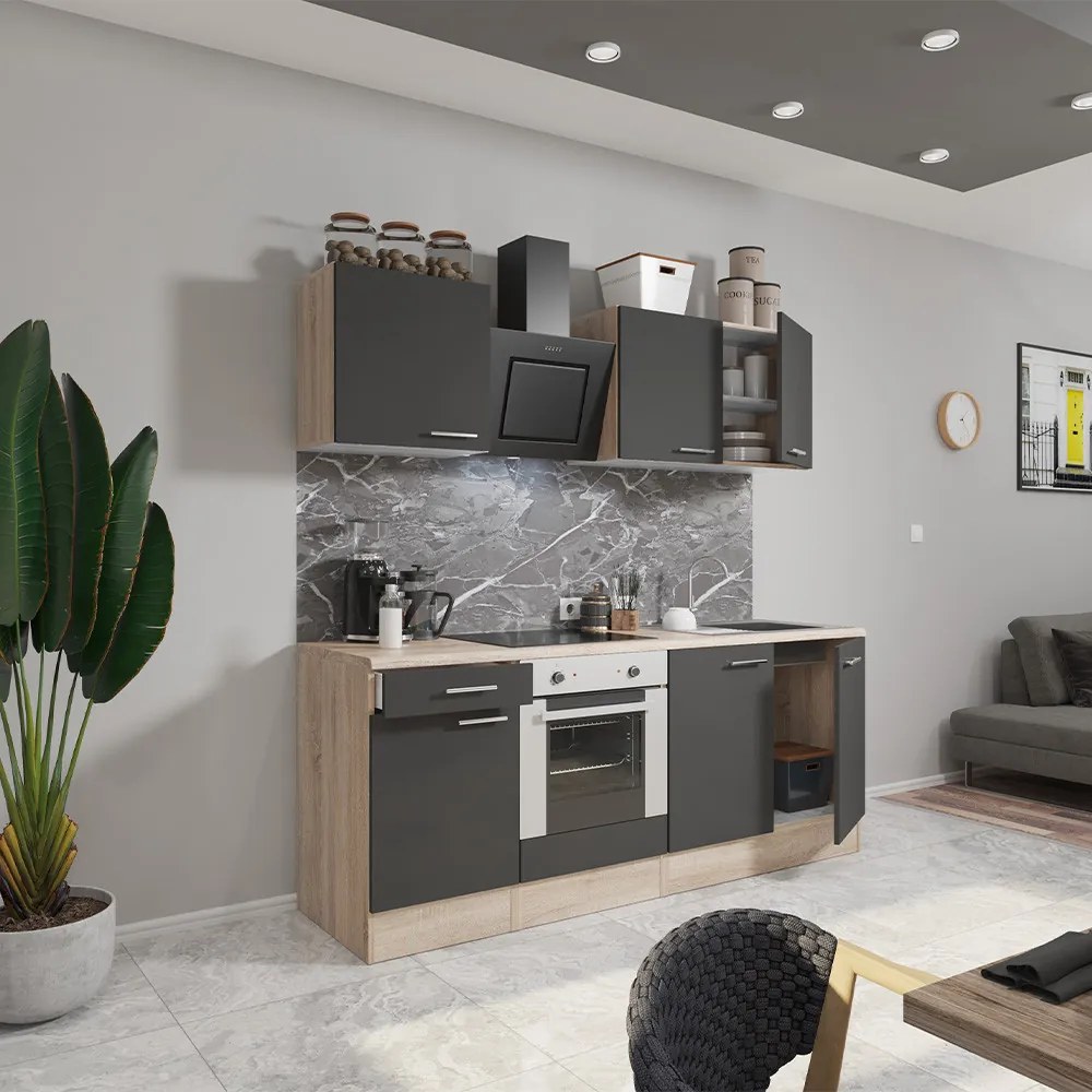 Mobilă de bucătărie Yorki 210, corp din stejar sonoma, față antracit satinat cu element inferior al cuptorului