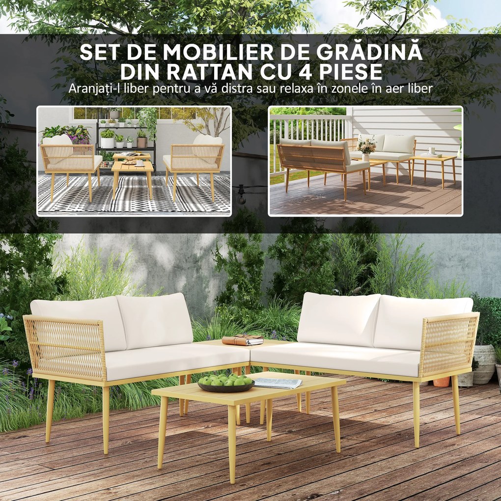Outsunny Set Mobilier de Grădină din 4 Piese cu 2 Canapele și 2 Măsuțe de Cafea, 116x65x70 cm, Alb Crem | Aosom Romania