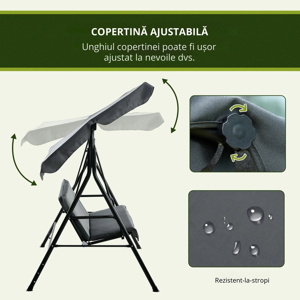 Outsunny Leagăn de Grădină cu 3 Locuri cu Copertină și Cadru din Oțel și Poliester, 172x110x153 cm, Gri