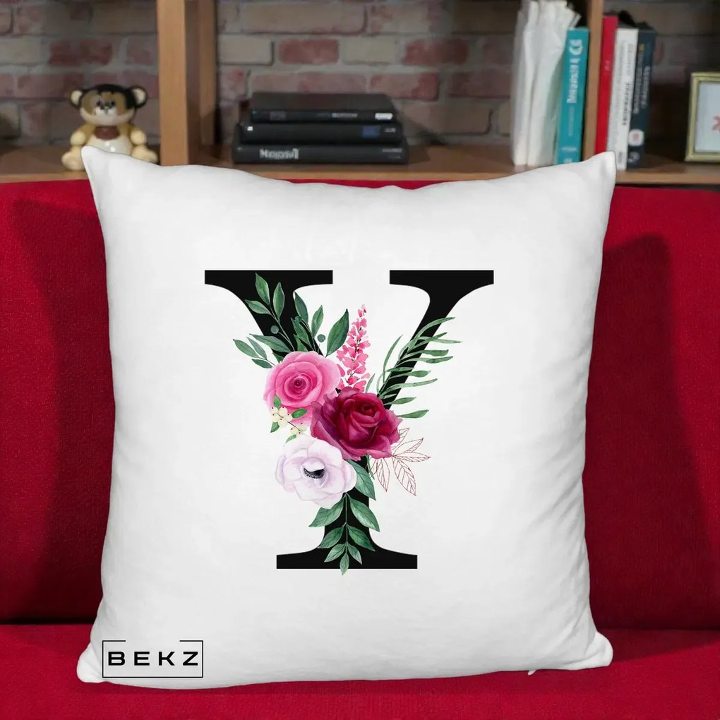 Cadou Personalizat - Perna Personalizata Monograma Florala Litera Y cu Buchet, 40x40 cm, Alb Pufos, Husa Detasabila, Perna Inclusa, BEKZ®