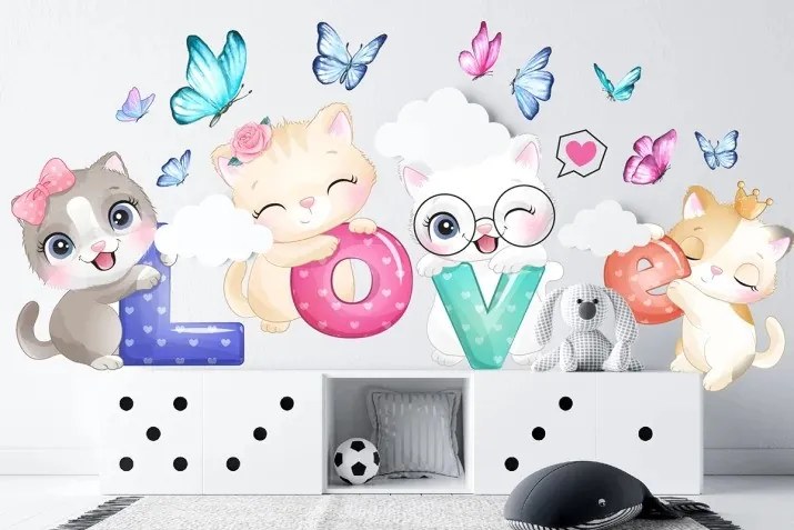 Autocolant de perete pentru fete pisoi cu inscripția LOVE 60 x 120 cm