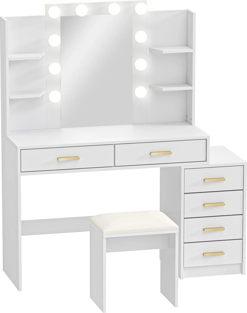 HOMCOM Masă de machiaj cu oglindă iluminată și taburet tapițat, set de machiaj cu 6 sertare și rafturi, Alb | Aosom Romania
