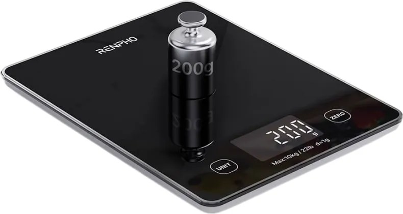 Smart cantar de bucatarie RENPHO Calibra 1L, Pana la 10 kg, 22 de functii de analiza, Sincronizare cu aplicatii mobile, TARE, mod cafea, Sticla termorezistenta, Negru