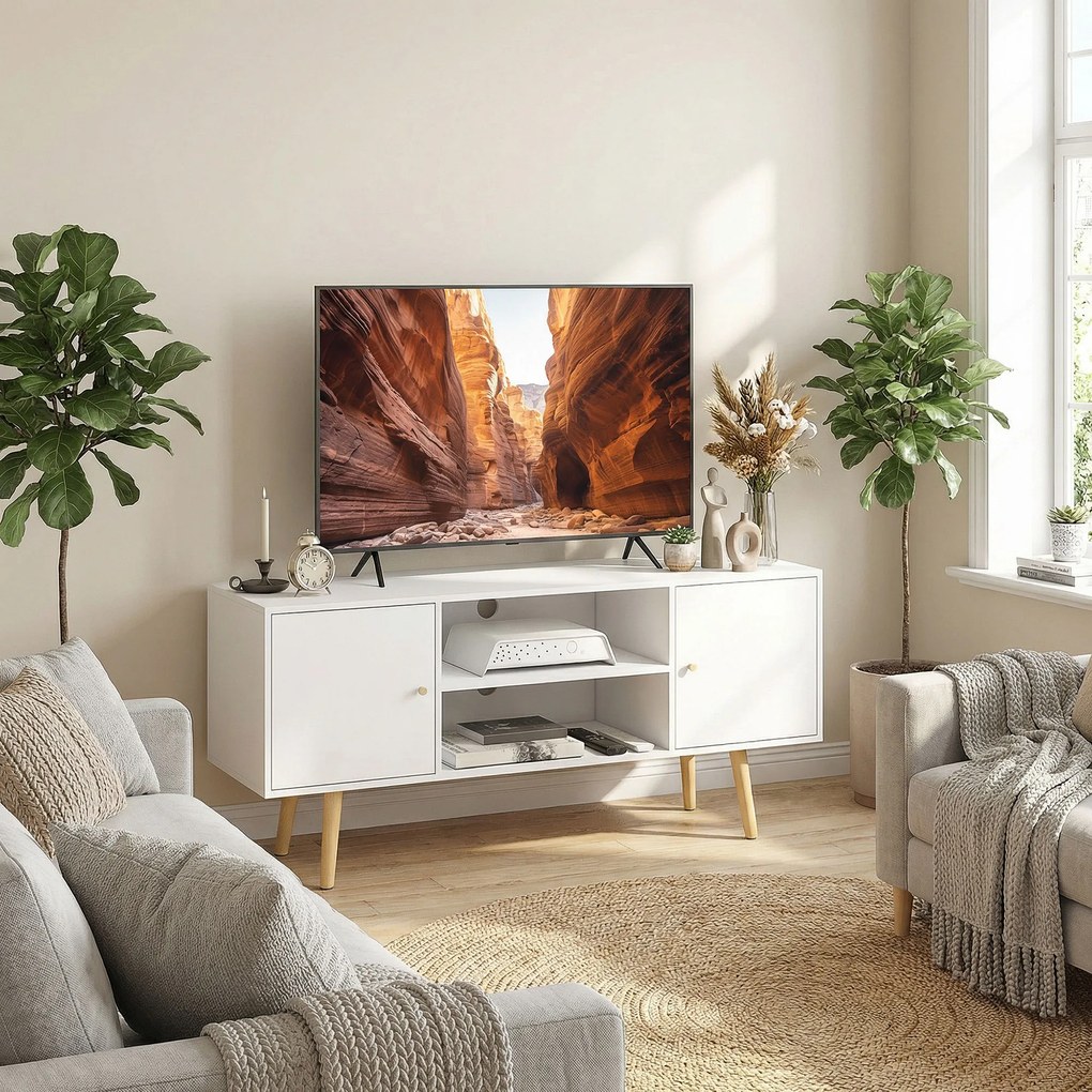 HOMCOM Cabinet TV 55" cu 2 Dulapuri, Uși și 2 Rafturi Deschise, Consolă TV din Lemn și PAL, 120x34x50 cm, Alb | Aosom Romania