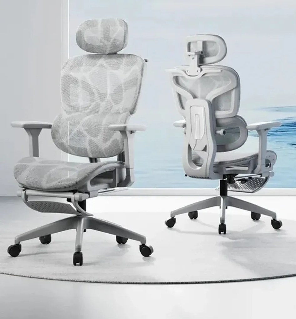 Scaun ergonomic, functie translatie sezut, cotiere reglabile 3D, tetiera 6D, suport lombar reglabil, spătar reglabil inaltime, pivotant, suport picioare, Gri