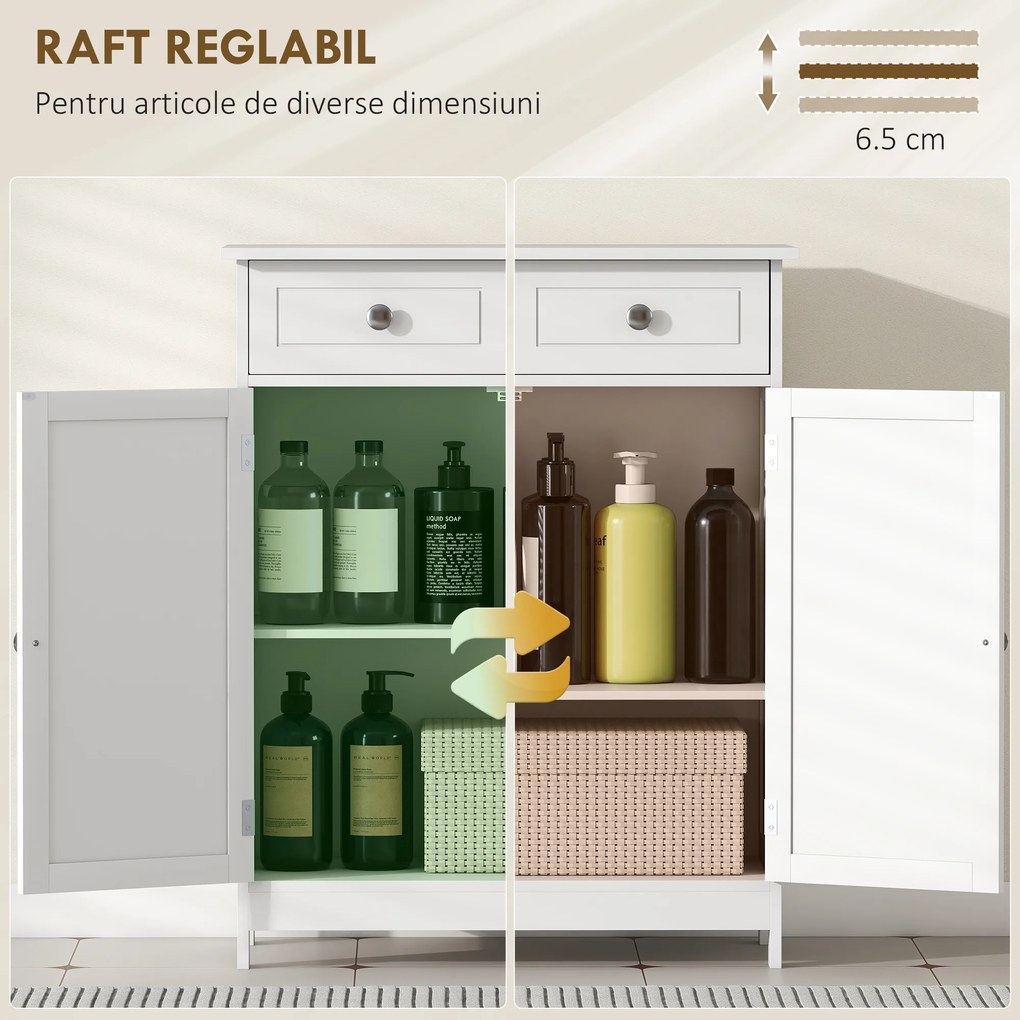 kleankin Dulap de Depozitare Organizator Independent pentru Baie de Podea cu 2 Usi, 2 Sertare si Raft Reglabil, Alb | Aosom Romania