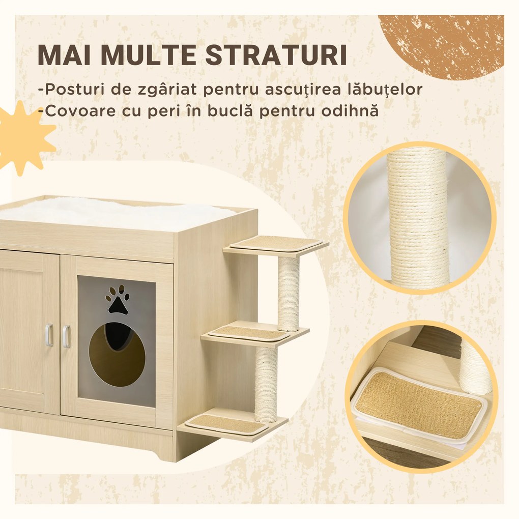 PawHut Dulap pentru Litieră cu 2 Uși, Spațiu de Depozitare și Țepi pentru Zgârâiat, 107x54x70 cm, Lemna Natural | Aosom Romania