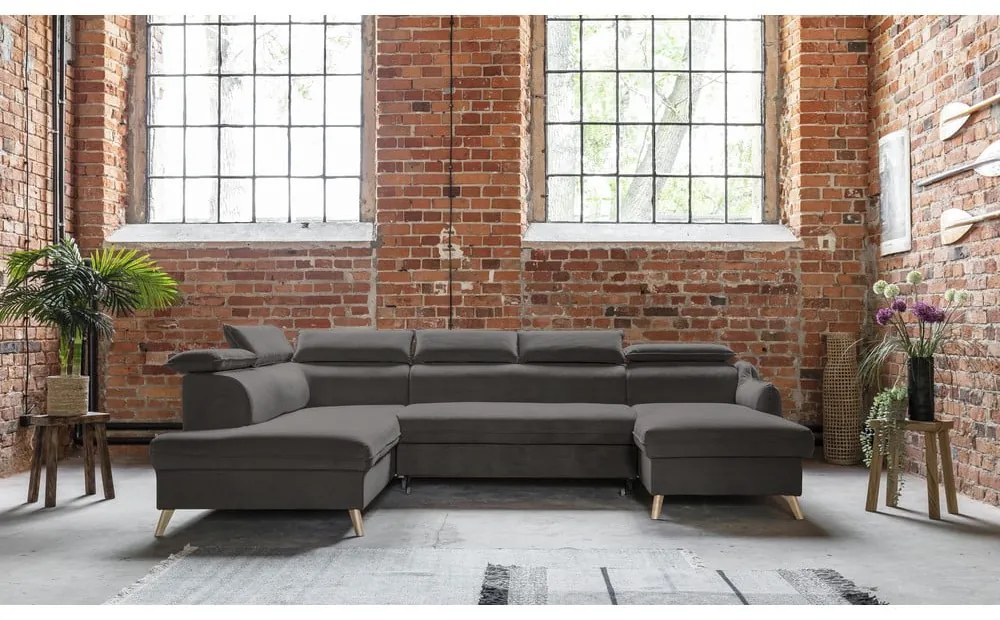 Colțar gri închis extensibil cu tapițerie din catifea (cu colț pe partea stângă /în formă de "U") Sweet Harmony – Miuform