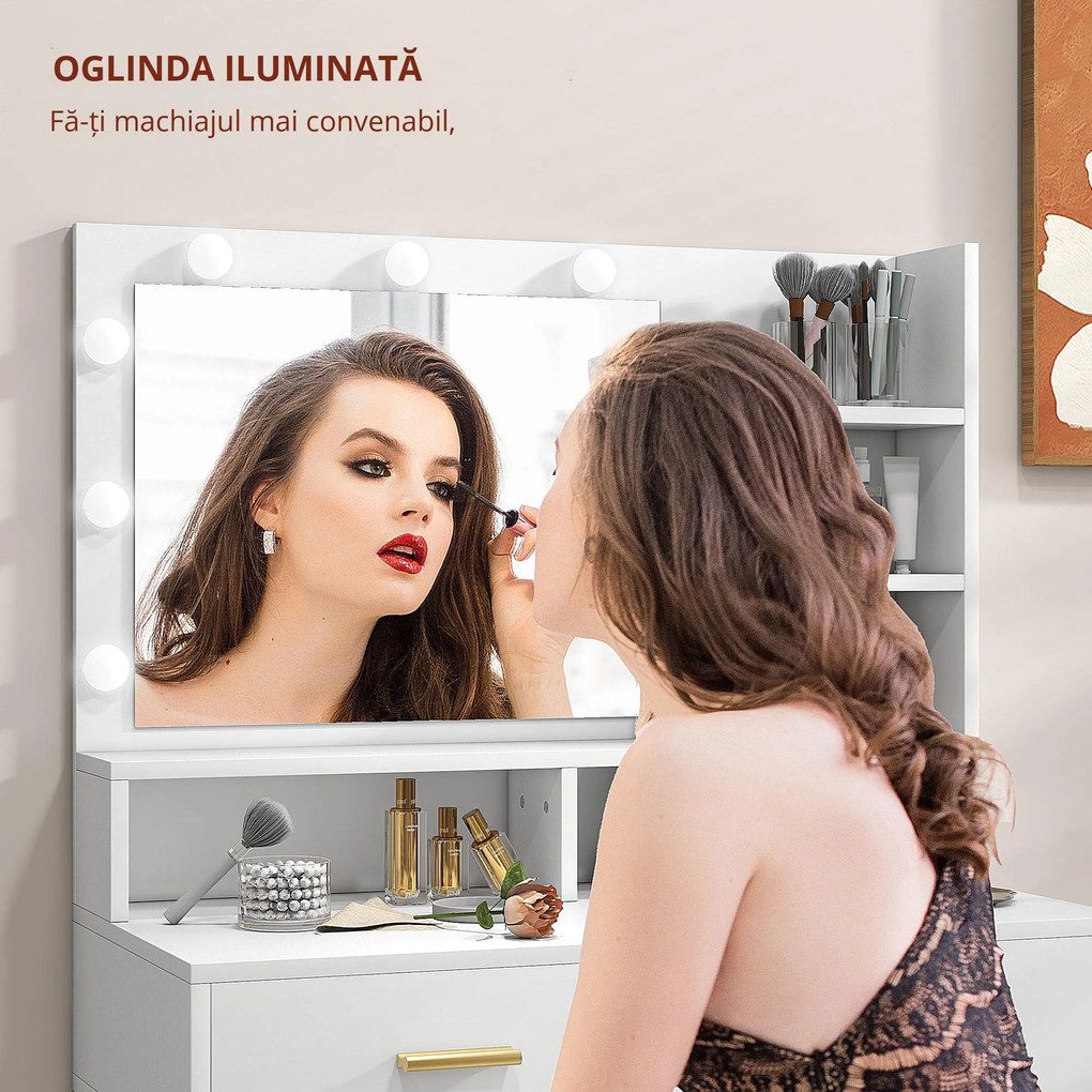 HOMCOM Masă de Machiaj cu Oglindă LED, Scaun și Rafturi, 80x40x138 cm, Alb | Aosom Romania