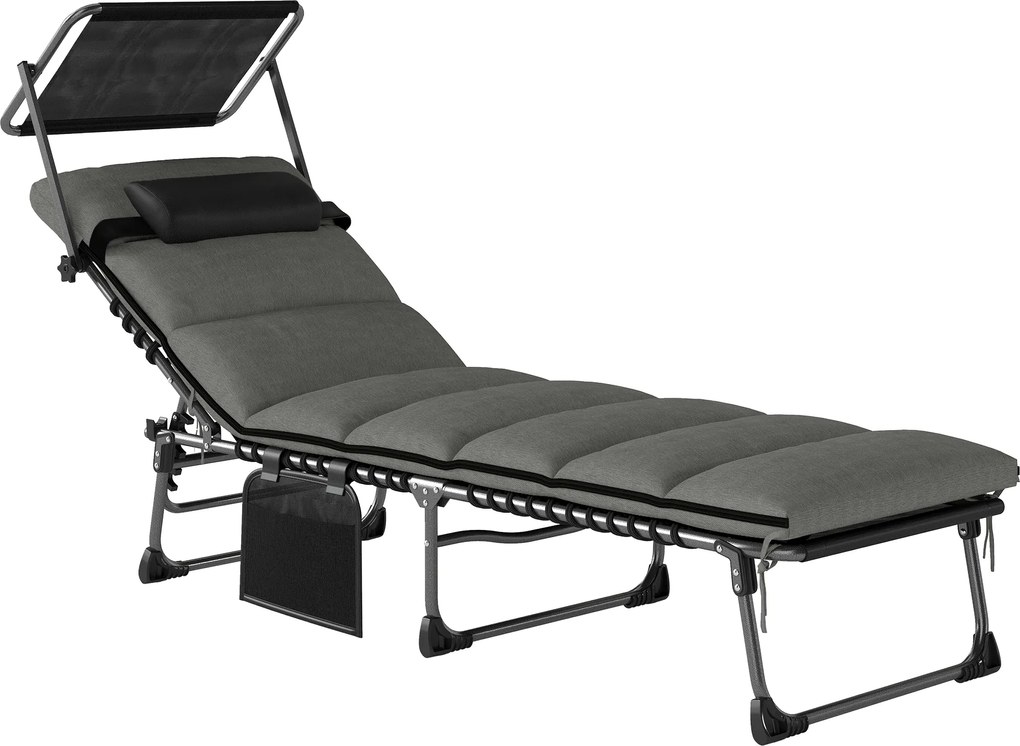 Outsunny Șezlong 5 poziții reglabil, cu copertină, pernă, suport pentru cap și buzunar lateral, 190x57x30cm, Gri închis | Aosom Romania