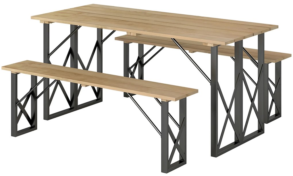 Outsunny set masă și bănci din lemn pentru 6-8 persoane, 160 cm, cu orificiu pentru umbrelă de 5 cm, design durabil, maro | Aosom Romania
