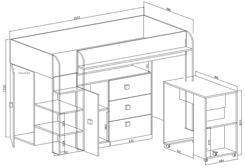 Pat multifuncțional 90 cm Toreno 1 (Alb + alb lucios + mânere turcoaz lucios). 1083308