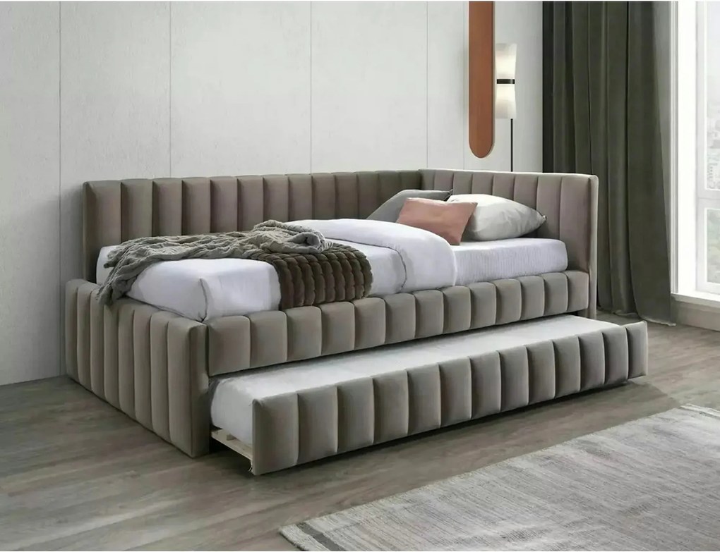Divan 120 x 200 ALFIE, stofa catifelata bej - Bluvel 40, cu somiera si