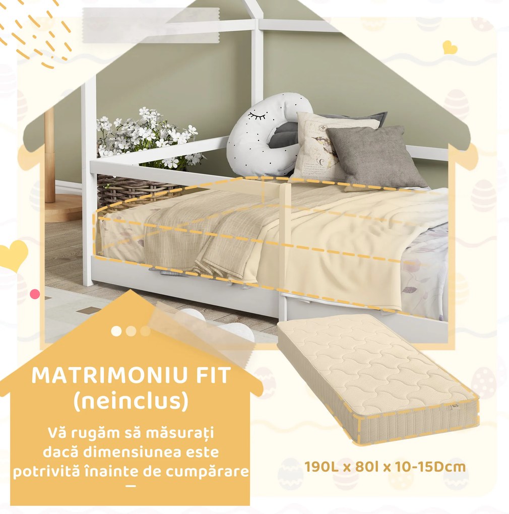 AIYAPLAY Pat Montessori pentru Copii în Formă de Căsuță cu Bariere de Protecție Anti-Cădere, 196x97.5x135 cm, Alb | Aosom Romania
